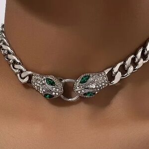 Silver and Green Snake Necklace With Rhinestone Accents